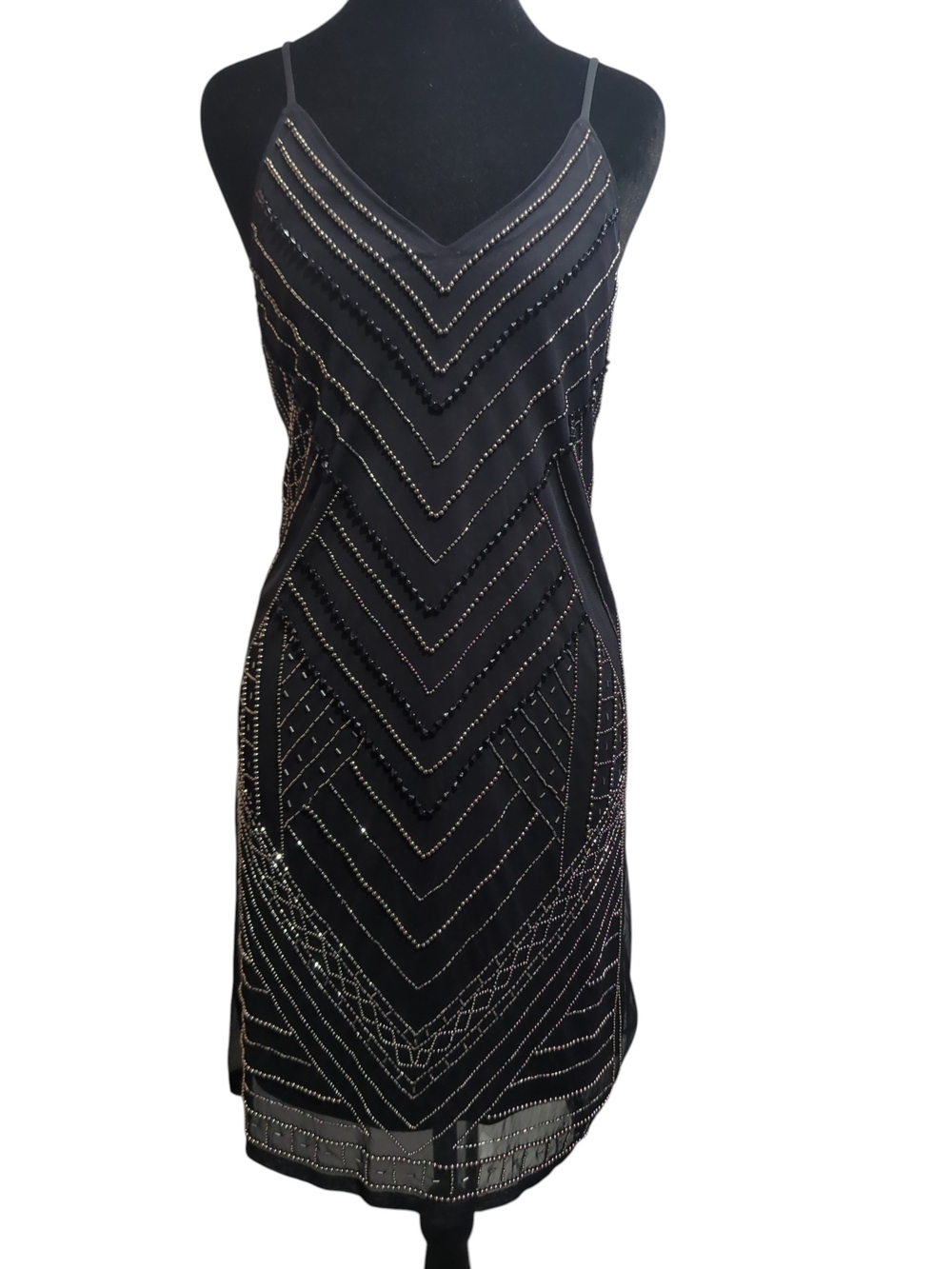 Express Black Beaded Cocktail Dress Medium Art Deco Flapper Slip Party Gatsby